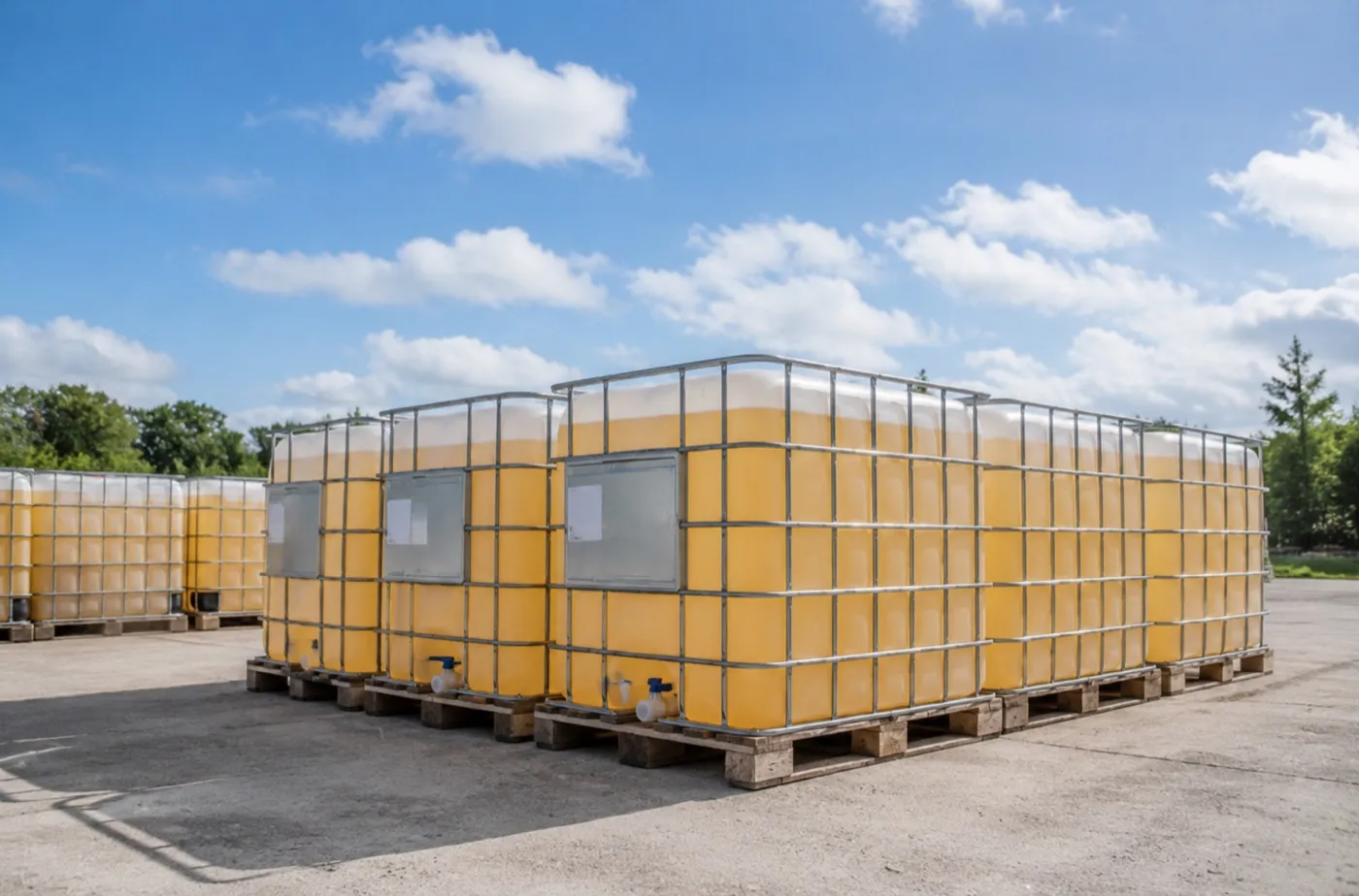 Contenedores IBC con aceite básico listos para despacho